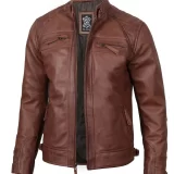 Men’s Cognac Brown Quilted Biker Leather Jacke