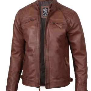 Men’s Cognac Brown Quilted Biker Leather Jacke