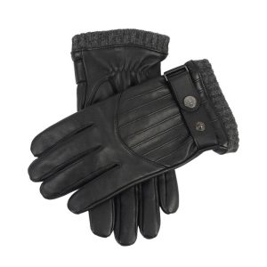 Touchscreen Wool-Lined Leather Gloves with Vertical Stitch and Knitted Cuffs
