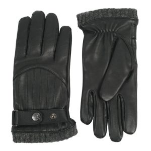 Touchscreen Wool-Lined Leather Gloves with Vertical Stitch and Knitted Cuffs
