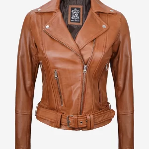 Women's Asymmetrical Belted Brown Leather Jacket